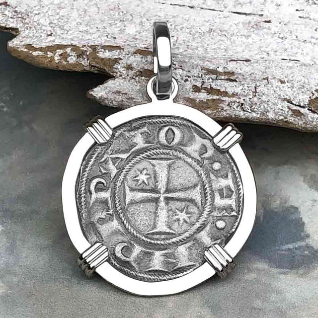 Sicilian Silver Denaro – the Templar-Era Cross and Stars of Medieval Italy 14K White Gold Pendant