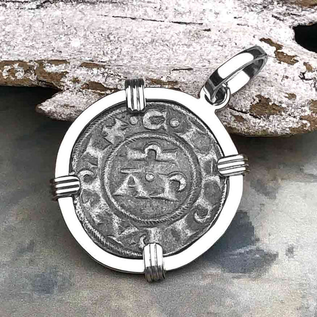 Sicilian Silver Denaro – the Templar-Era Cross and Stars of Medieval Italy 14K White Gold Pendant