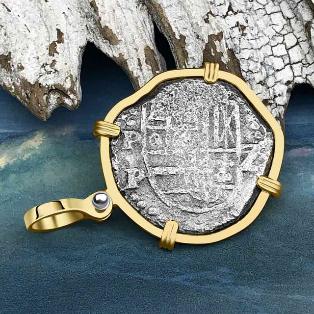 Concepcion Shipwreck 2 Reale Silver Piece of 8 14K Gold Pendant