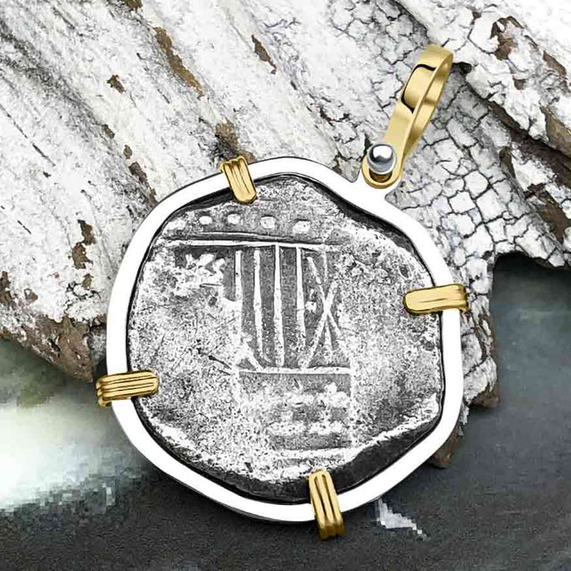 Sao Jose 4 Reale circa 1598-1621 Shipwreck Coin 14K Gold and Sterling Silver Pendant