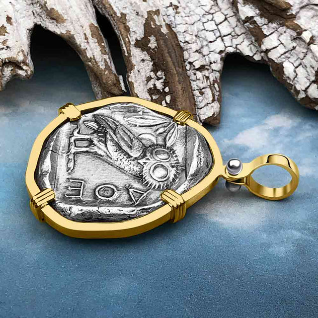Ancient Greek Athena and the Owl Silver Tetradrachm circa 450 BC RARE Zero-Die 14K Gold Pendant