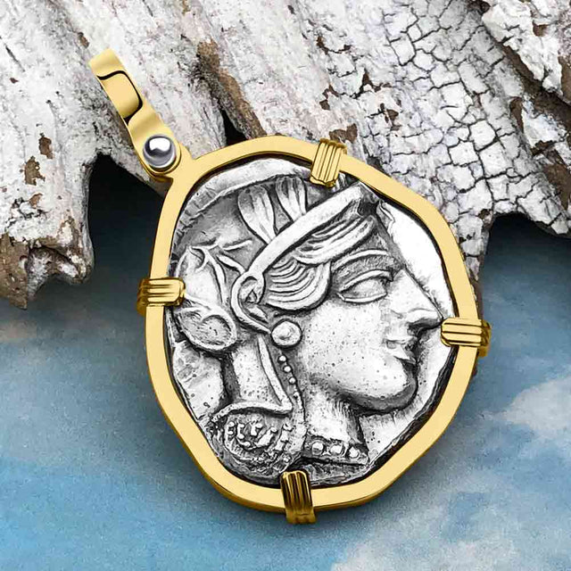 Ancient Greek Athena and the Owl Silver Tetradrachm circa 450 BC RARE Zero-Die 14K Gold Pendant