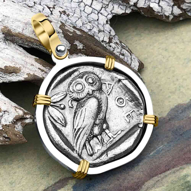 Ancient Greek Athena and the Owl Silver Tetradrachm circa 450 BC 14K Gold and Sterling Silver Pendant