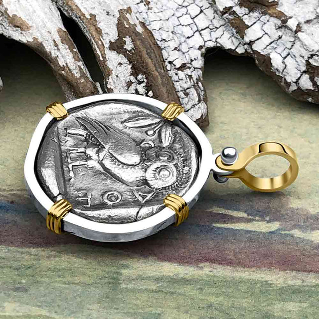 Ancient Greek Athena and the Owl Silver Tetradrachm circa 450 BC 14K Gold and Sterling Silver Pendant