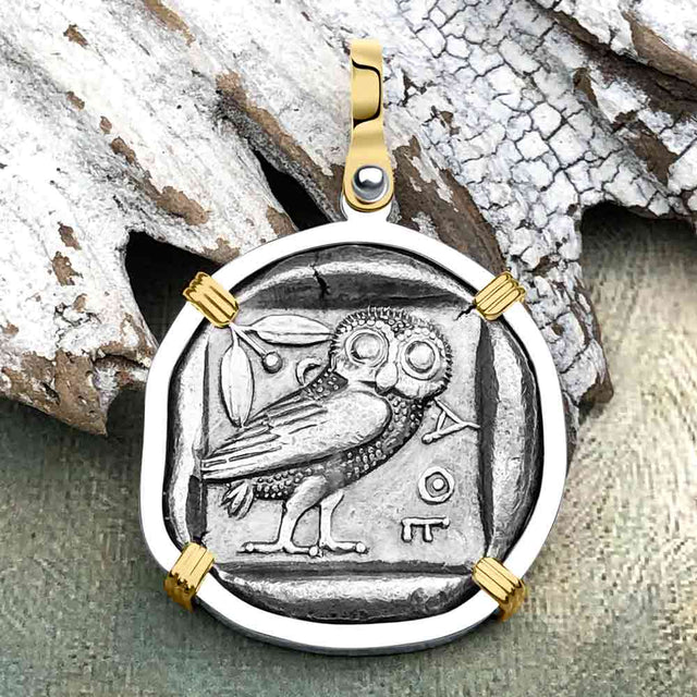 Ancient Greek Athena and the Owl Silver Tetradrachm circa 450 BC 14K Gold and Sterling Silver Pendant