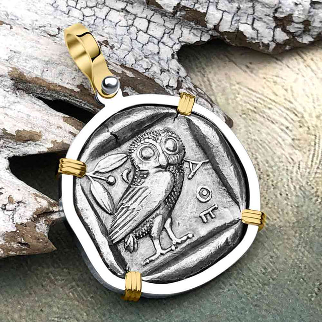 Ancient Greek Athena and the Owl Silver Tetradrachm circa 450 BC 14K Gold and Sterling Silver Pendant