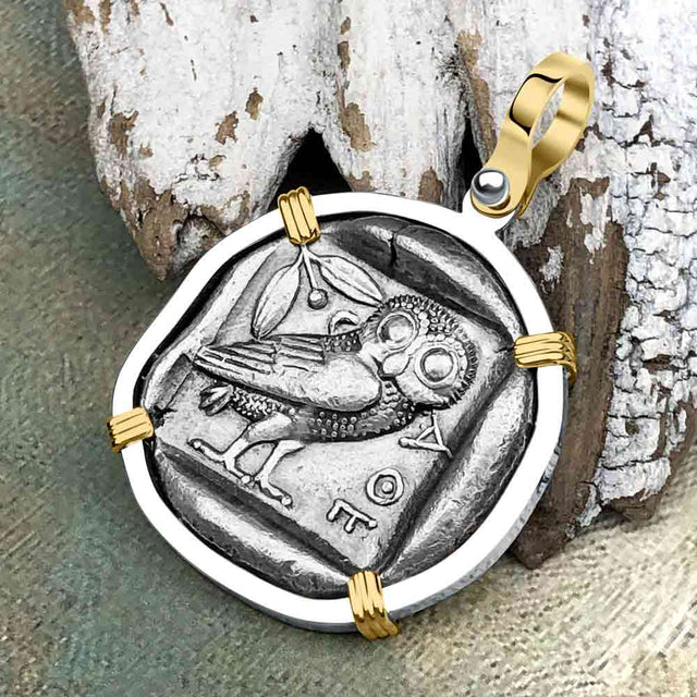 Ancient Greek Athena and the Owl Silver Tetradrachm circa 450 BC 14K Gold and Sterling Silver Pendant