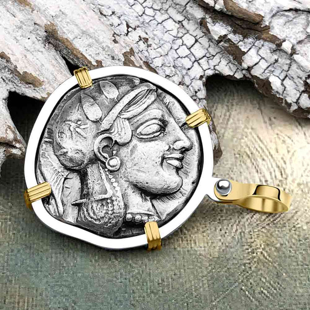 Ancient Greek Athena and the Owl Silver Tetradrachm circa 450 BC 14K Gold and Sterling Silver Pendant