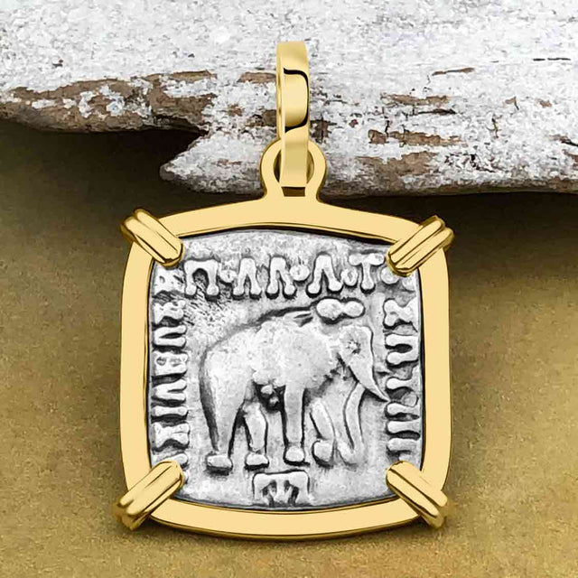 Ancient Indo-Greek Bactrian Elephant and Bull Silver Drachm Coin 170 BC 14K Gold Pendant