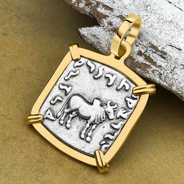 Ancient Indo-Greek Bactrian Elephant and Bull Silver Drachm Coin 170 BC 14K Gold Pendant