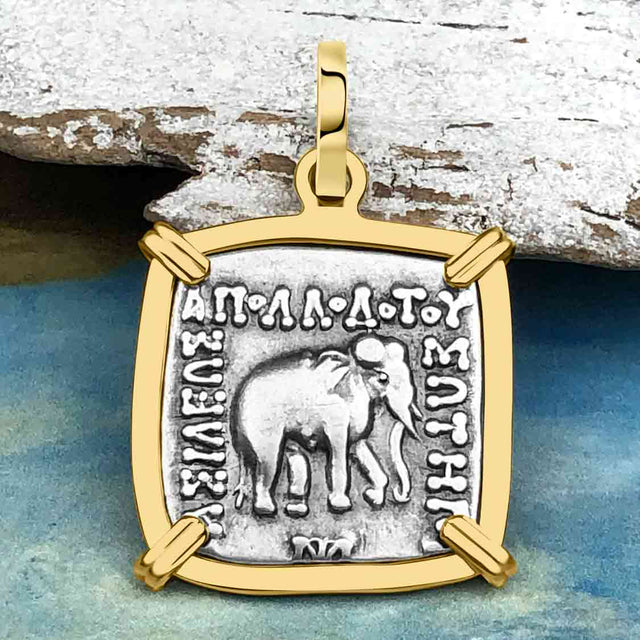 Ancient Indo-Greek Bactrian Elephant and Bull Silver Drachm Coin 170 BC 14K Gold Pendant