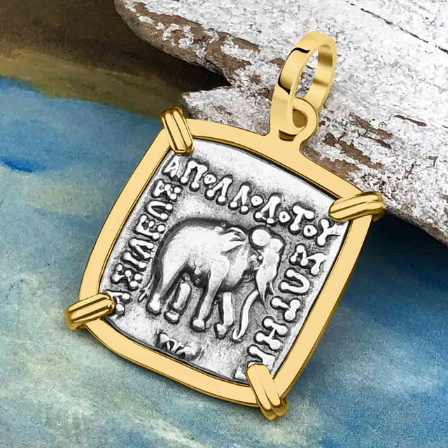 Ancient Indo-Greek Bactrian Elephant and Bull Silver Drachm Coin 170 BC 14K Gold Pendant
