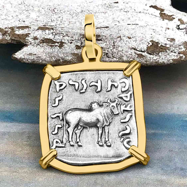 Ancient Indo-Greek Bactrian Elephant and Bull Silver Drachm Coin 170 BC 14K Gold Pendant
