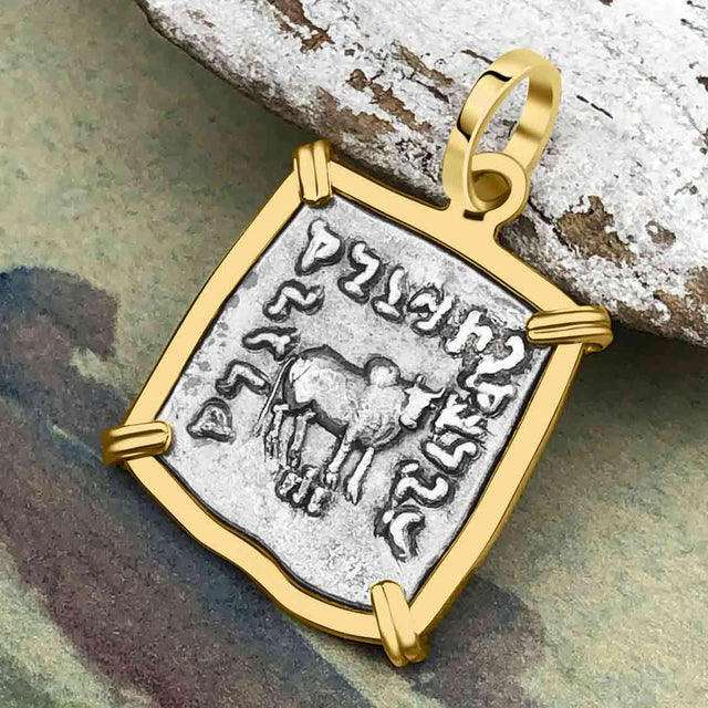 Ancient Indo-Greek Bactrian Elephant and Bull Silver Drachm Coin 170 BC 14K Gold Pendant
