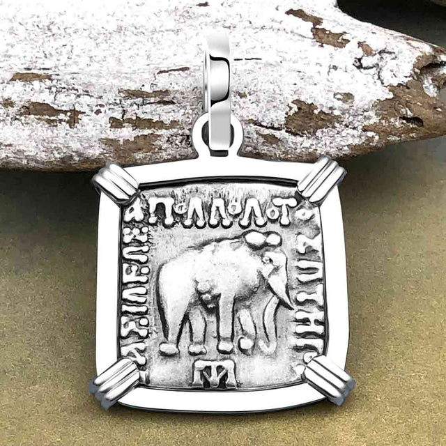 Ancient Indo-Greek Bactrian Elephant and Bull Silver Drachm Coin 170 BC 14K White Gold Pendant