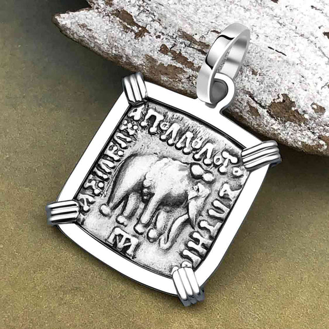 Ancient Indo-Greek Bactrian Elephant and Bull Silver Drachm Coin 170 BC 14K White Gold Pendant