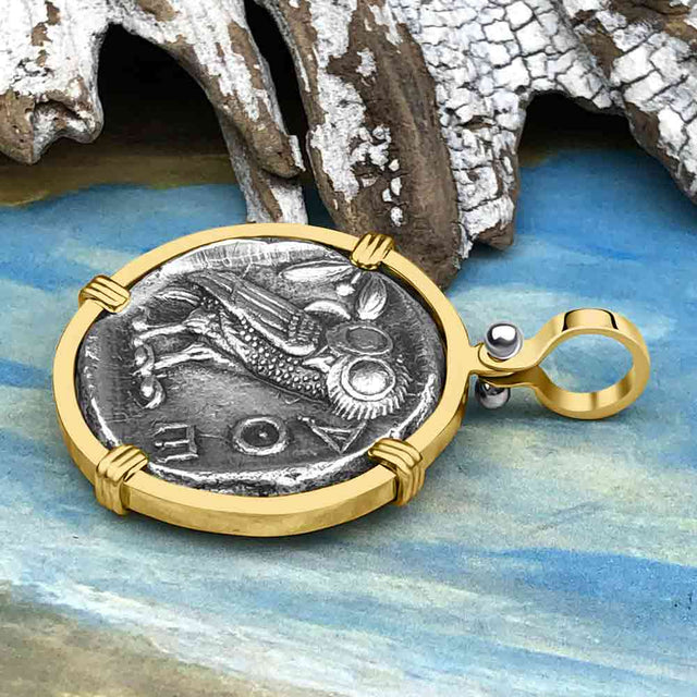 Ancient Greek Athena and the Owl Silver Tetradrachm circa 450 BC 14K Gold Pendant