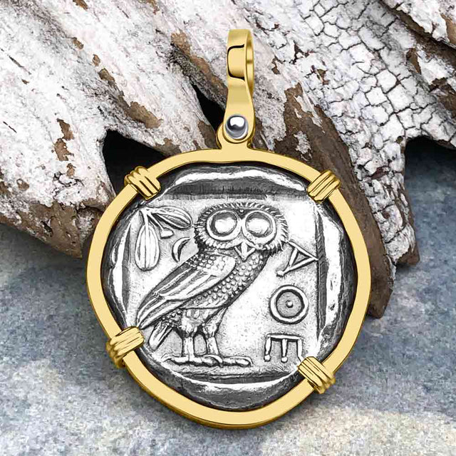Ancient Greek Athena and the Owl Silver Tetradrachm circa 450 BC 14K Gold Pendant