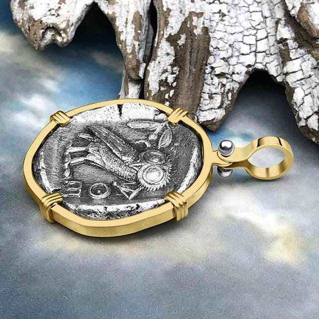 Ancient Greek Athena and the Owl Silver Tetradrachm circa 450 BC 14K Gold Pendant