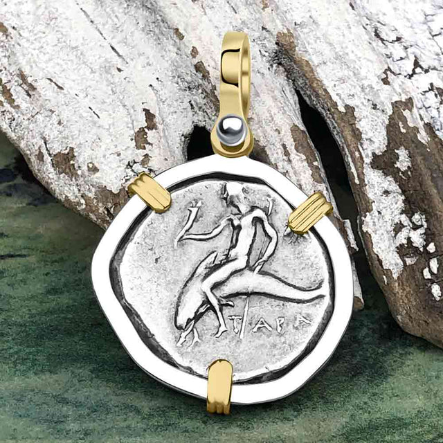 Ancient Greek Dolphin Rider “Boy on the Dolphin” Silver Nomos 14K Gold and Sterling Silver Pendant