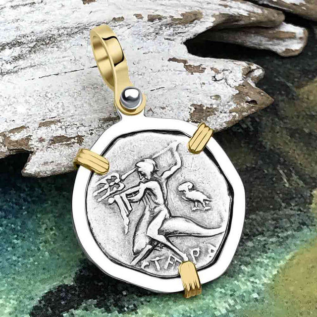 Ancient Greek Dolphin Rider “Boy on the Dolphin” Silver Nomos 14K Gold and Sterling Silver Pendant