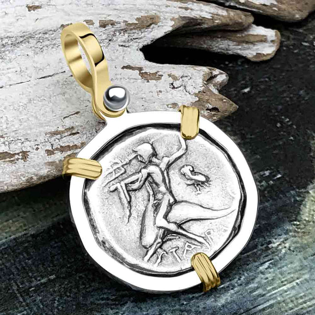 Ancient Greek Dolphin Rider “Boy on the Dolphin” Silver Nomos 14K Gold and Sterling Silver Pendant
