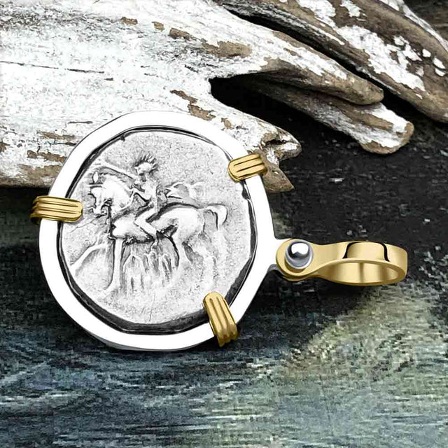Ancient Greek Dolphin Rider “Boy on the Dolphin” Silver Nomos 14K Gold and Sterling Silver Pendant
