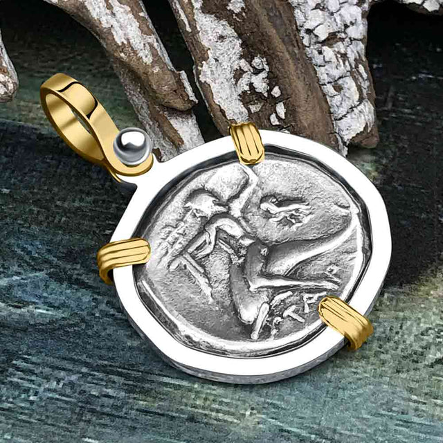 Ancient Greek Dolphin Rider “Boy on the Dolphin” Silver Nomos 14K Gold and Sterling Silver Pendant