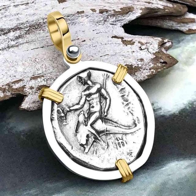 Ancient Greek Dolphin Rider “Boy on the Dolphin” Silver Nomos 14K Gold and Sterling Silver Pendant