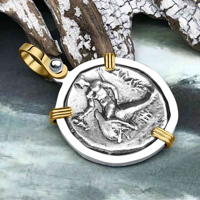 Ancient Greek Dolphin Rider “Boy on the Dolphin” Silver Nomos 14K Gold and Sterling Silver Pendant