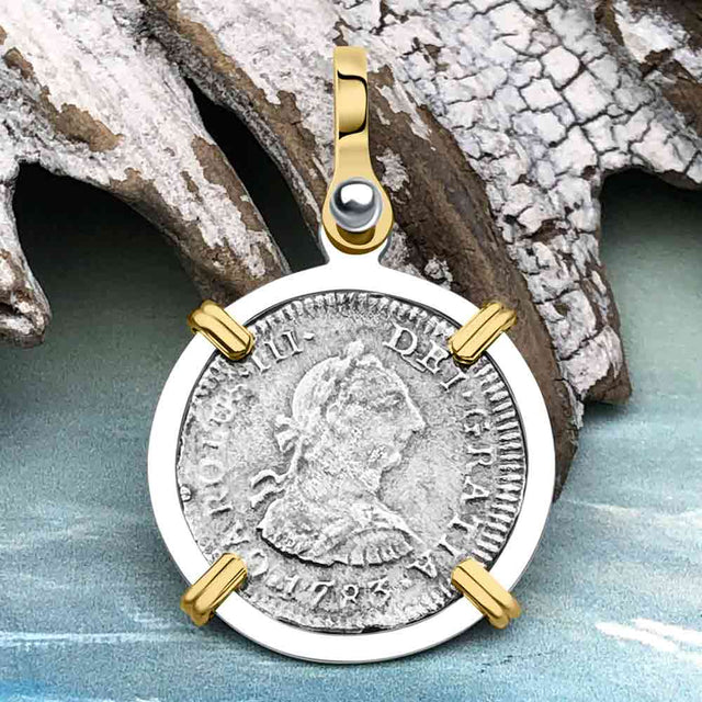 El Cazador Shipwreck 1783 1/2 Reale Piece of 8 14K Gold and Sterling Silver Pendant