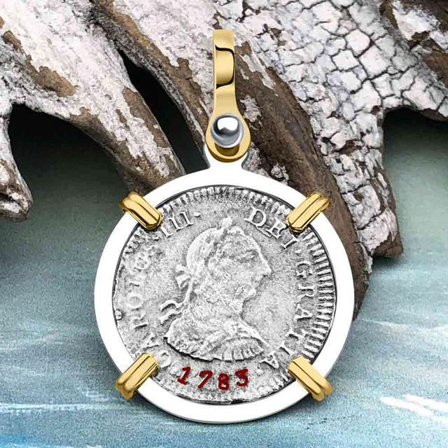 El Cazador Shipwreck 1783 1/2 Reale Piece of 8 14K Gold and Sterling Silver Pendant