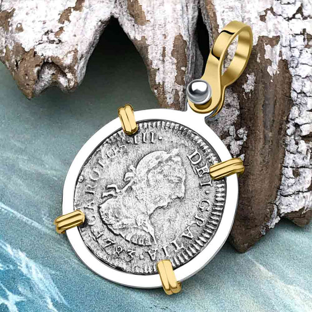 El Cazador Shipwreck 1783 1/2 Reale Piece of 8 14K Gold and Sterling Silver Pendant