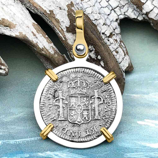 El Cazador Shipwreck 1783 1/2 Reale Piece of 8 14K Gold and Sterling Silver Pendant