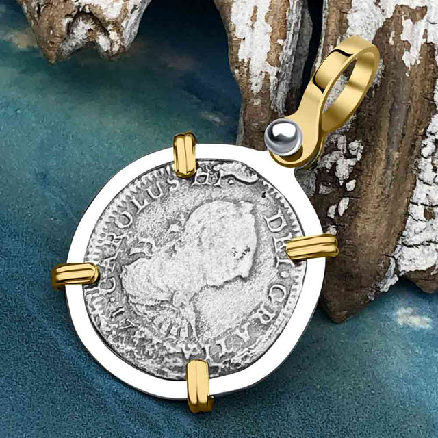 El Cazador Shipwreck 1783 1/2 Reale Piece of 8 14K Gold and Sterling Silver Pendant