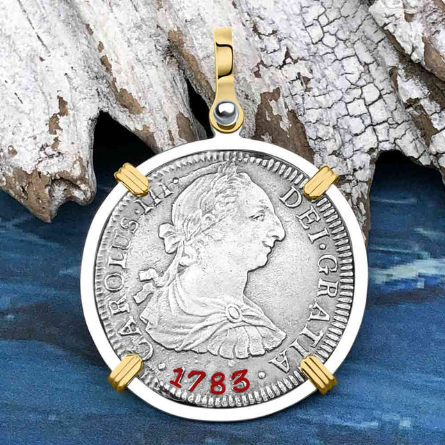 El Cazador Shipwreck 1783 2 Reale Piece of 8 14K Gold & Silver Treasure Coin Pendant