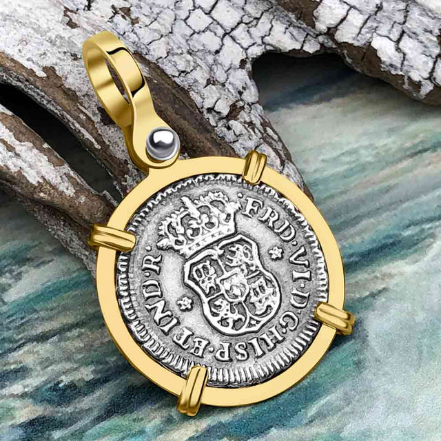 El Cazador Shipwreck 1754 RARE Pillar Dollar 1/2 Reale Piece of 8 14K Gold Pendant
