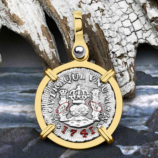 El Cazador Shipwreck 1741 RARE Pillar Dollar 1/2 Reale Piece of 8 14K Gold Pendant