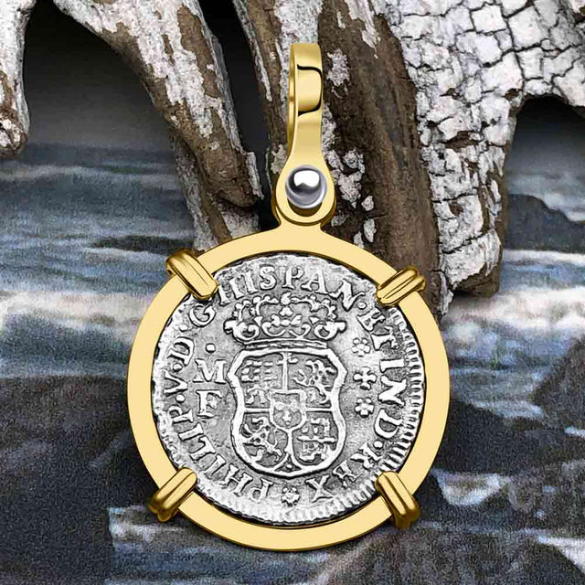 El Cazador Shipwreck 1741 RARE Pillar Dollar 1/2 Reale Piece of 8 14K Gold Pendant