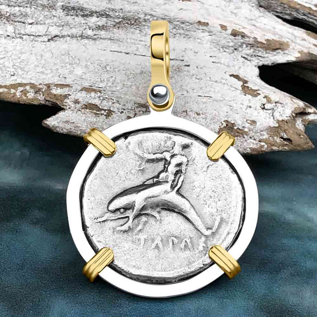 Ancient Greek Dolphin Rider “Boy on the Dolphin” Silver Nomos 14K Gold and Sterling Silver Pendant