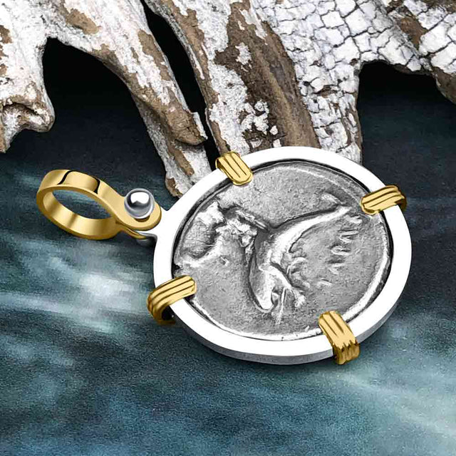 Ancient Greek Dolphin Rider “Boy on the Dolphin” Silver Nomos 14K Gold and Sterling Silver Pendant