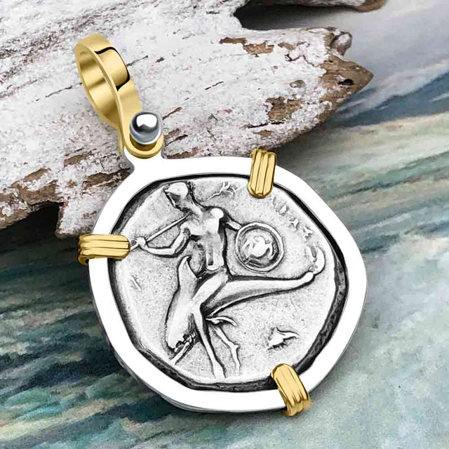 Ancient Greek Dolphin Rider “Boy on the Dolphin” Silver Nomos 14K Gold and Sterling Silver Pendant