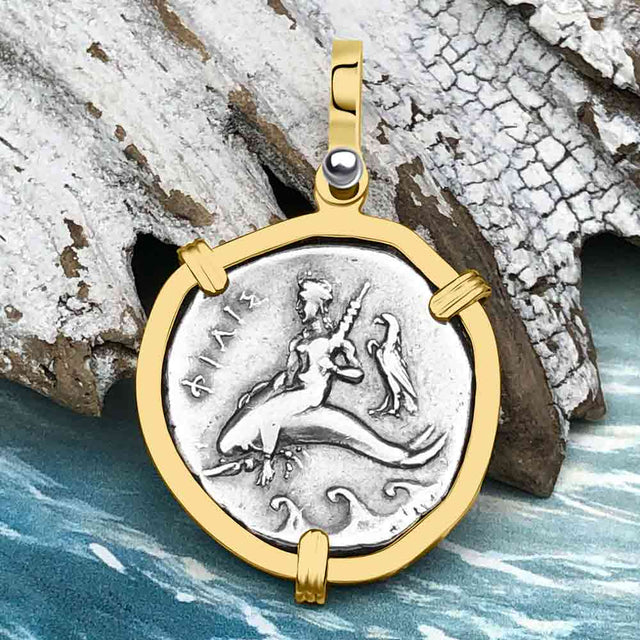 Ancient Greek Dolphin Rider “Boy on the Dolphin” Silver Nomos 14K Gold Pendant