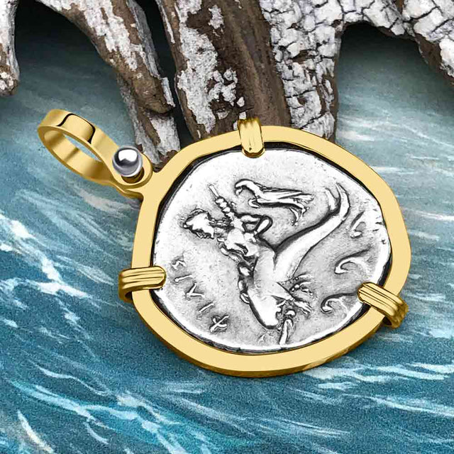 Ancient Greek Dolphin Rider “Boy on the Dolphin” Silver Nomos 14K Gold Pendant