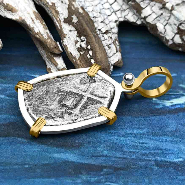1715 Fleet Shipwreck Pirate Era Spanish 2 Reale "Piece of 8" 14K Gold and Sterling Silver Pendant
