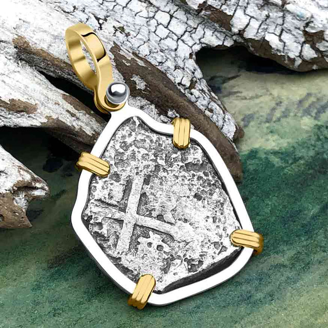 1715 Fleet Shipwreck Pirate Era Spanish 2 Reale "Piece of 8" 14K Gold and Sterling Silver Pendant