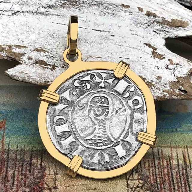 Templar Knights Era Antioch Crusader Medieval Silver Denier - Helmet Head - Coin of the Crusades 14K Gold Pendant