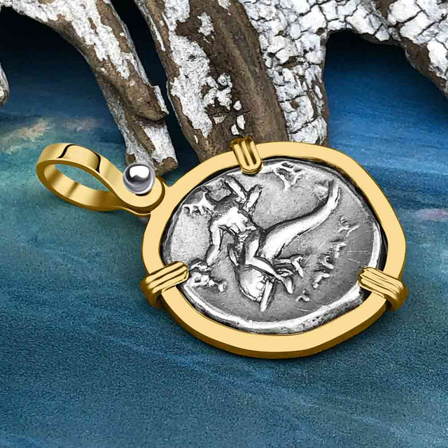 Ancient Greek Dolphin Rider “Boy on the Dolphin” Silver Nomos 14K Gold Pendant