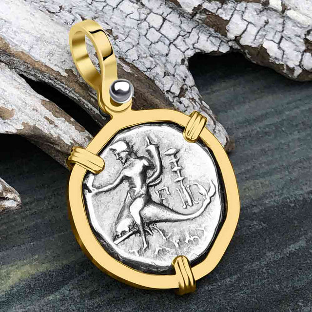 Ancient Greek Dolphin Rider “Boy on the Dolphin” Silver Nomos 14K Gold Pendant