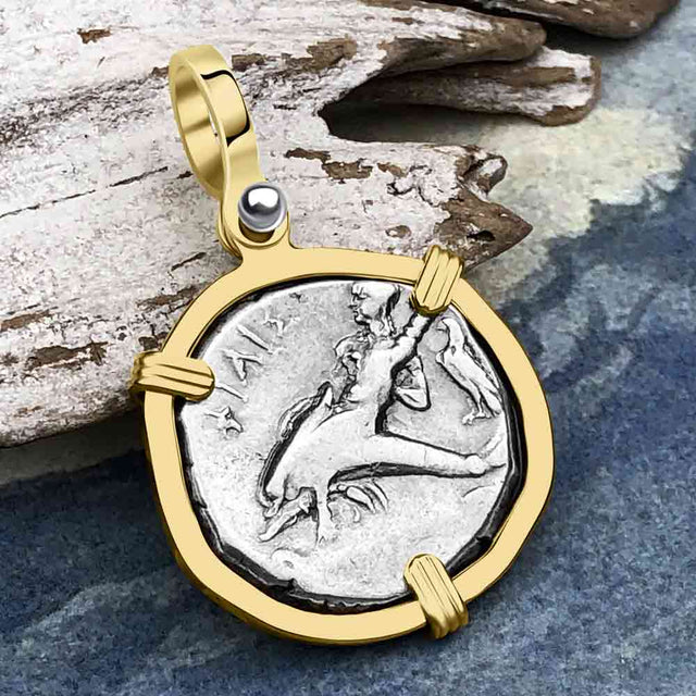 Ancient Greek Dolphin Rider “Boy on the Dolphin” Silver Nomos Zero-Die Axis 14K Gold Pendant